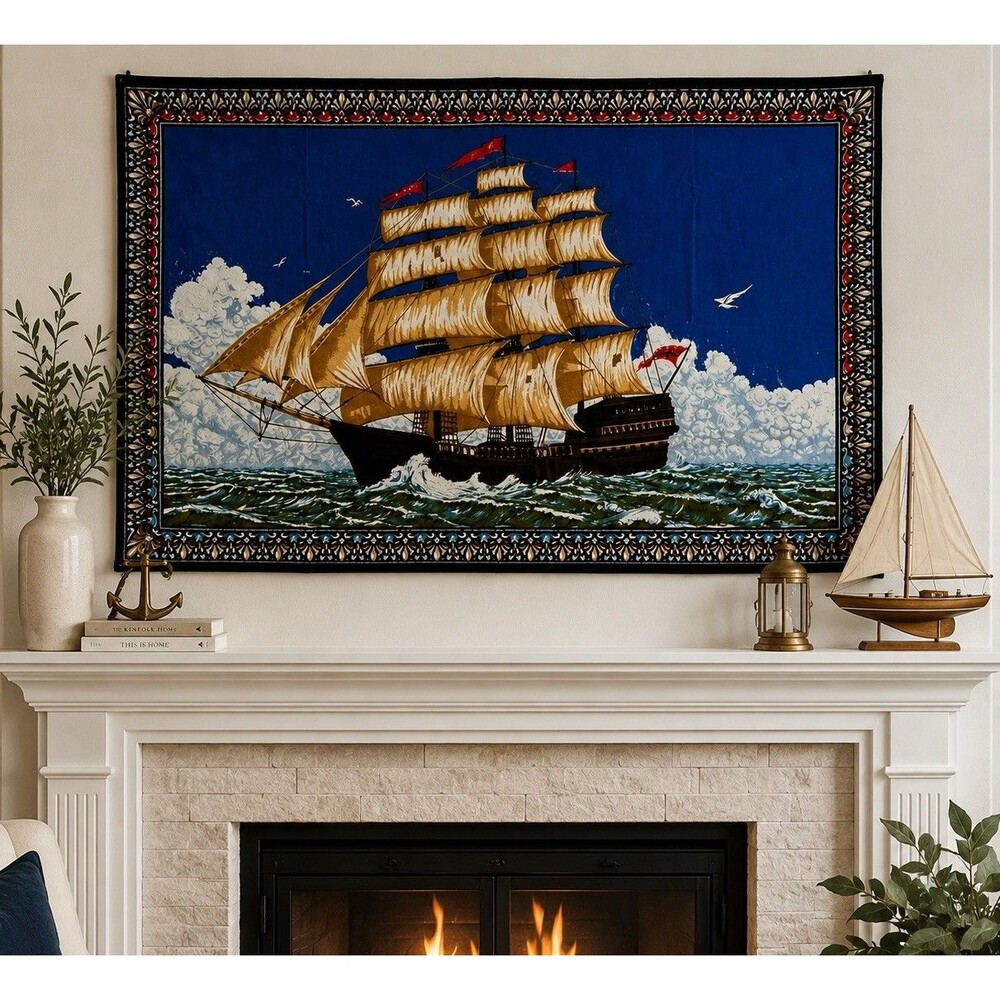 Vintage Turkish Sailing Ship Velour Wall Tapestry 100% Cotton 57x38 Nautical
